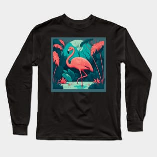 Flamingo in a Lake in Pink and Teal Long Sleeve T-Shirt